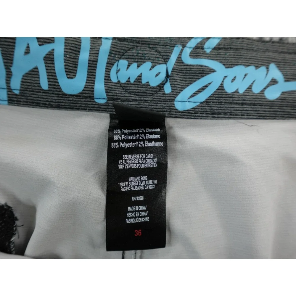 Maui and Sons Mens Board Shorts Teal Blue Palm Leaf Print‎ Elastic Waist 36